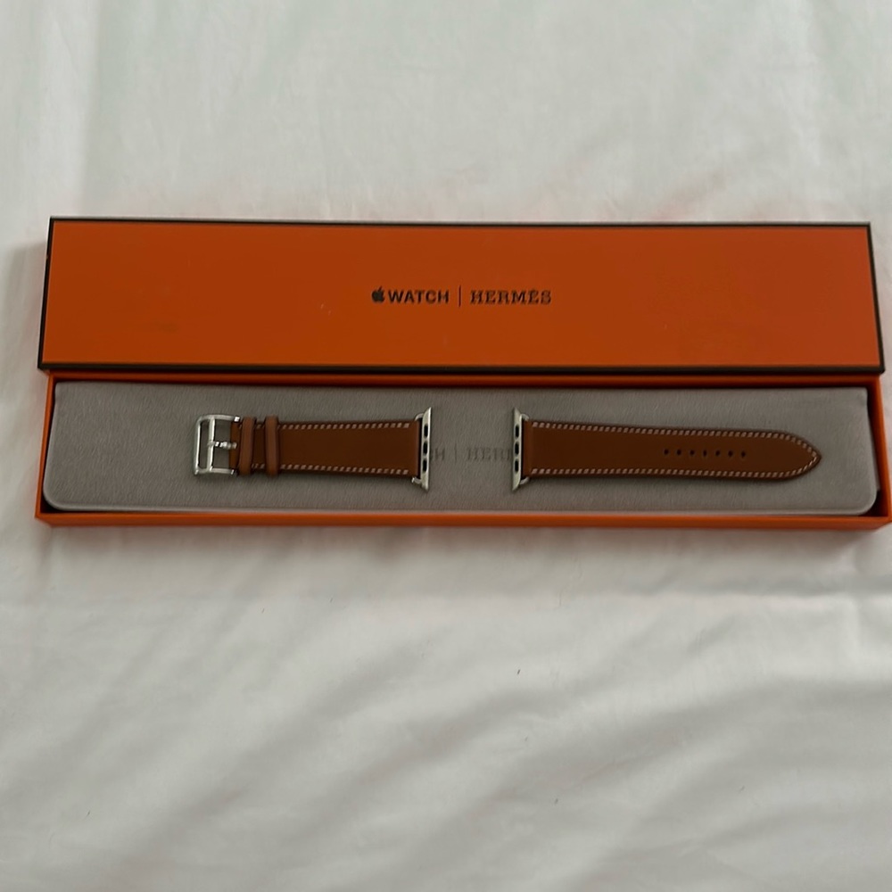 Hermes Brown Leather Apple Watch Strap with Silver Hardware 42mm